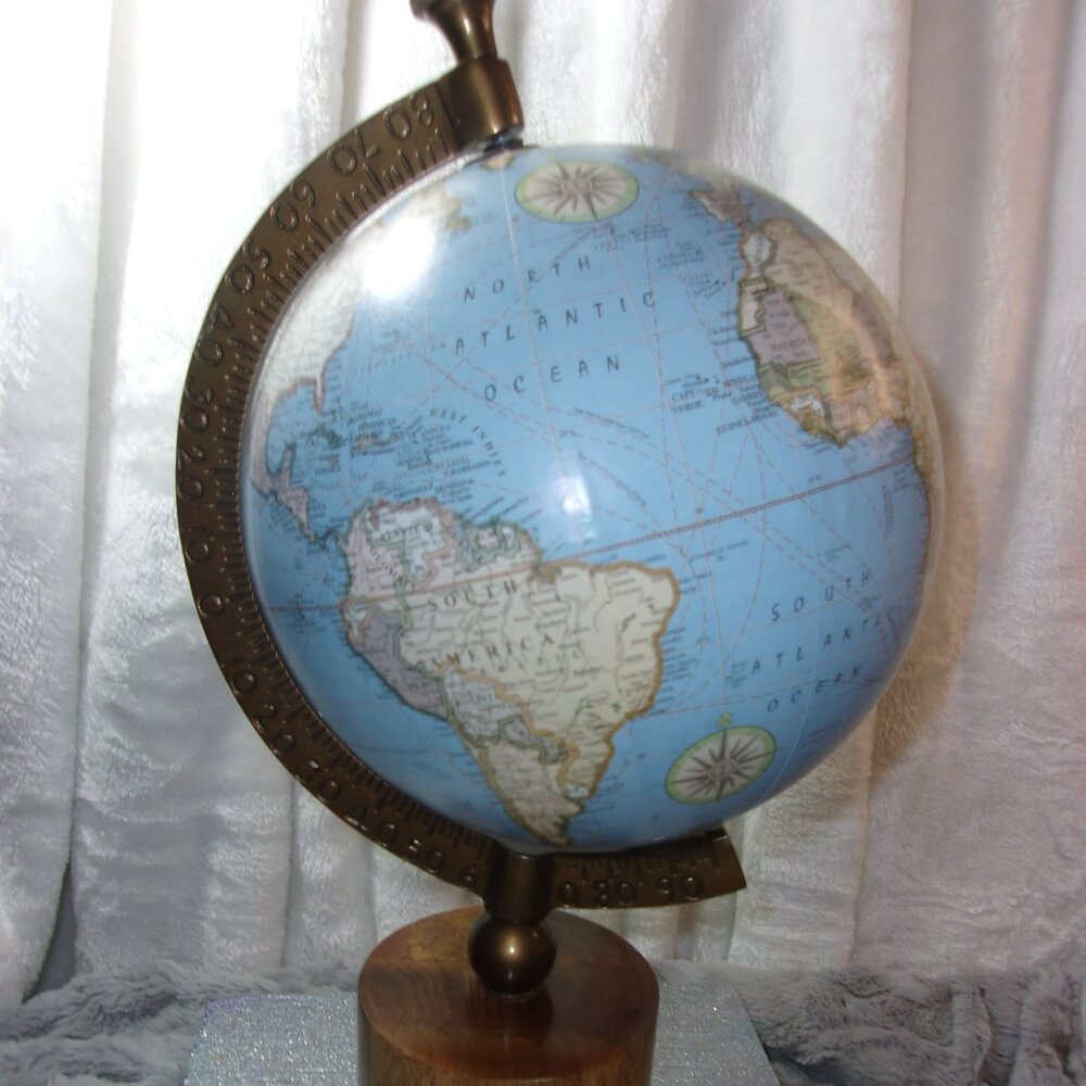 H-344 WOOD BASE WORLD GLOBE IN BLUE 16.5IN. TALL - Picture 2 of 10